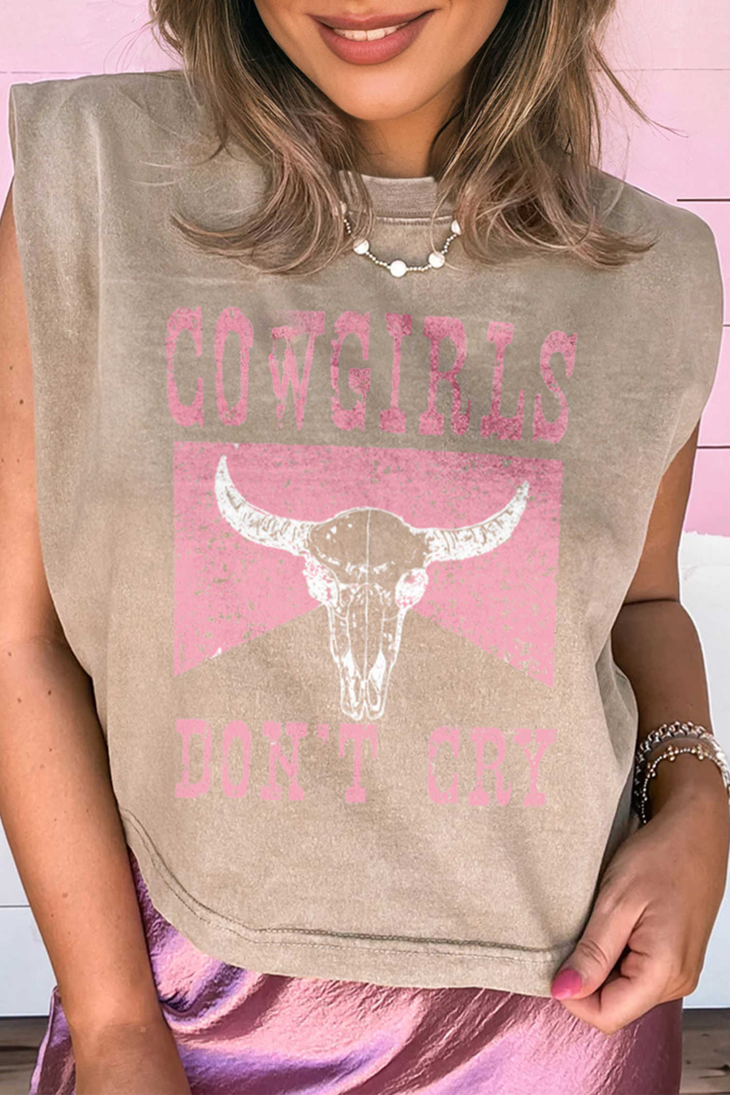 Smoke Gray COWGIRLS DONT CRY Western Graphic Mineral Wash Tank Top