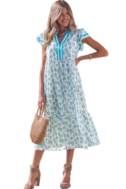 Sky Blue Cute Sunflower Printed Striped Patchwork Trim Flutter Sleeve Long Dress