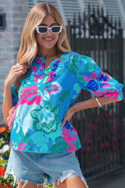 Sky Blue Floral Print V Neck Half Sleeve Blouse
