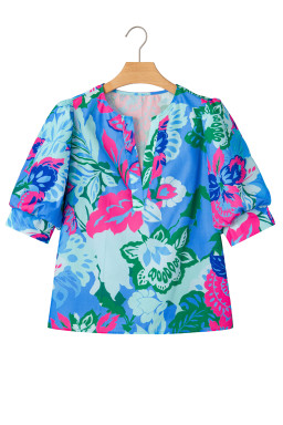 Sky Blue Floral Print V Neck Half Sleeve Blouse