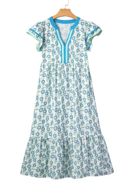 Sky Blue Cute Sunflower Printed Striped Patchwork Trim Flutter Sleeve Long Dress