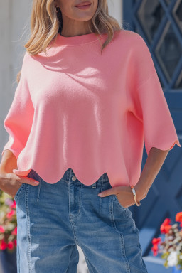 Pink Scalloped Hem 3/4 Sleeve Sweater Top