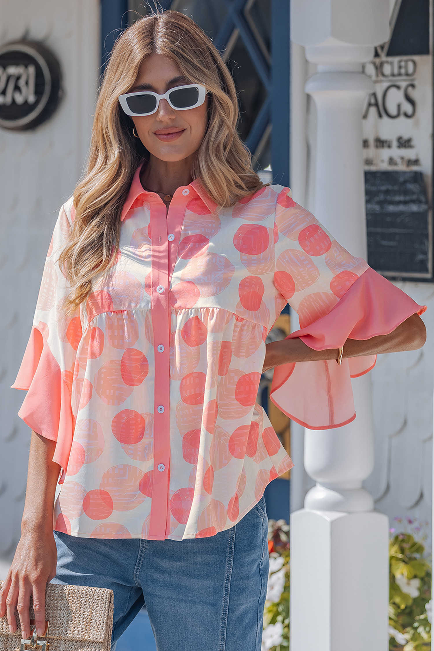 Pink Double Polka Dot Printed Ruffle Trim Short Sleeve Babydoll Shirt