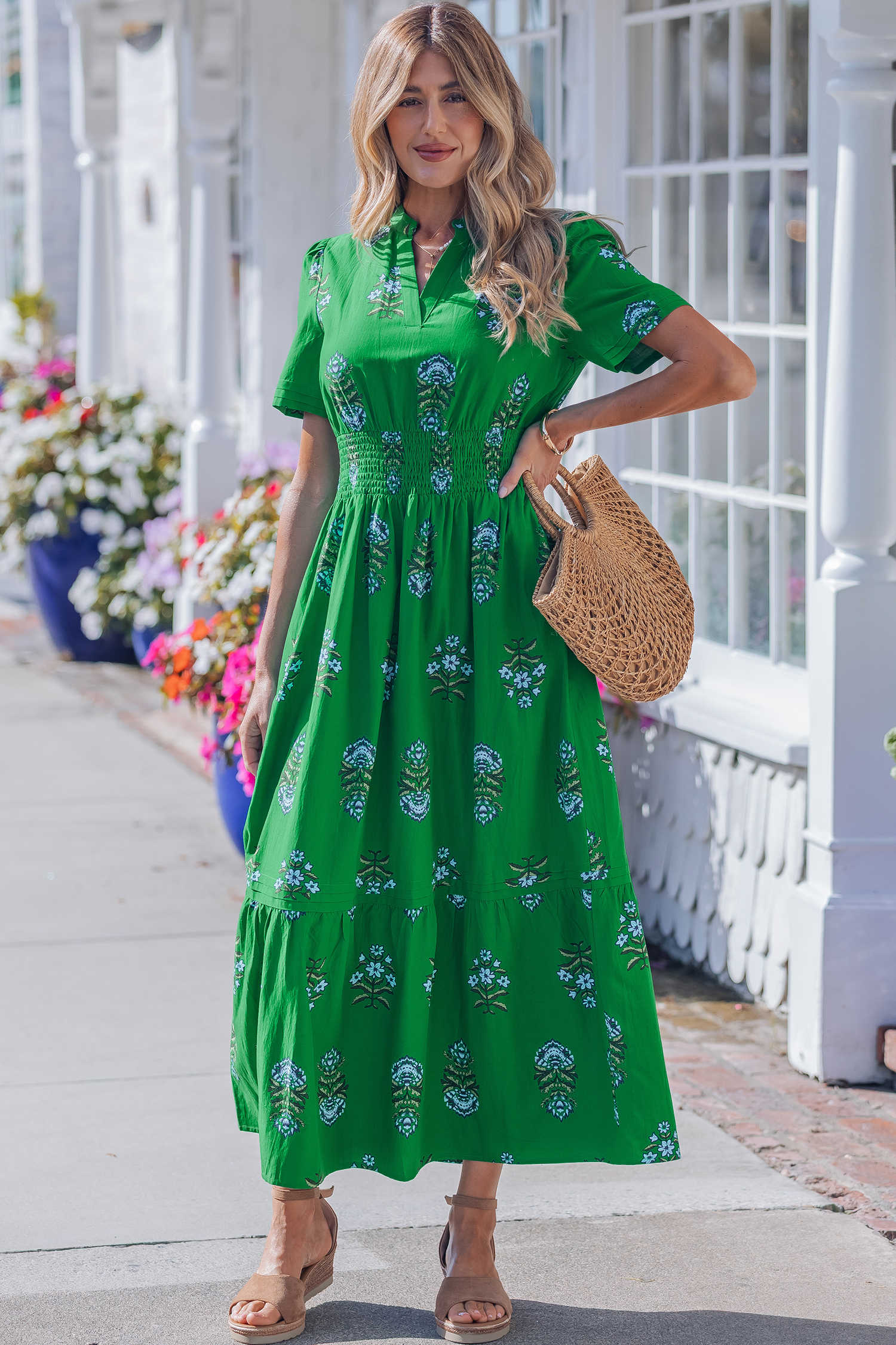 Green Floral Print Split Neck Shirred High Waist Ruffle Hem Maxi Dress