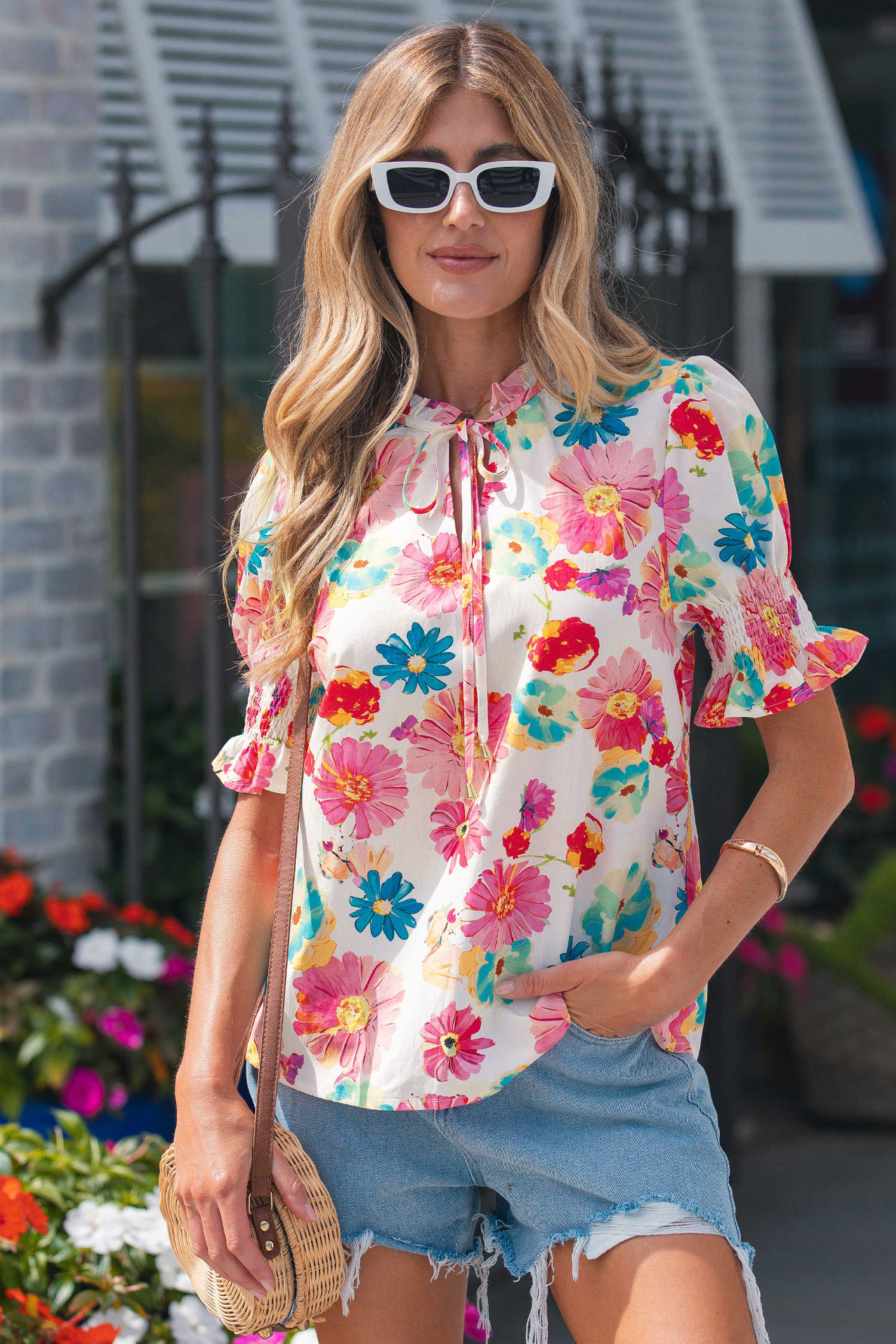 Beige Vibrant Summer Floral Tie V Neck Short Puff Sleeve Blouse