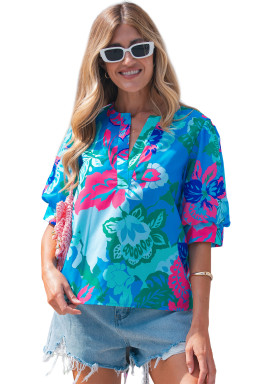 Sky Blue Floral Print V Neck Half Sleeve Blouse
