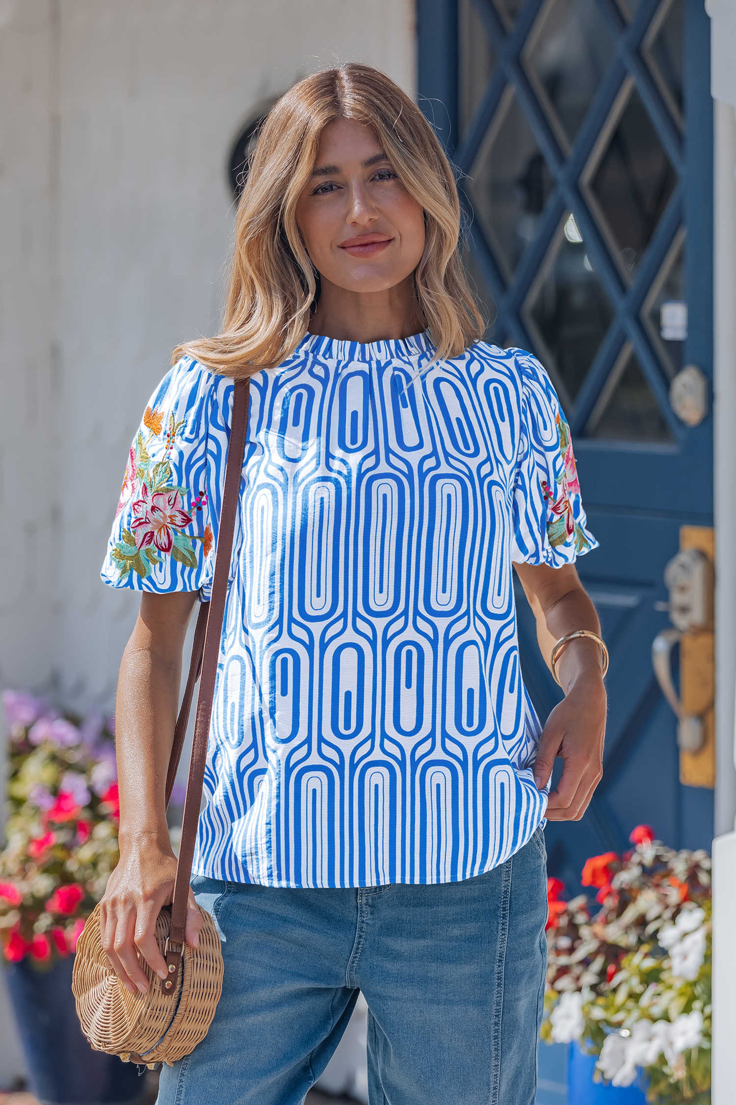 Sky Blue Unique Geometry Print Floral Embroidered Puff Sleeve Blouse
