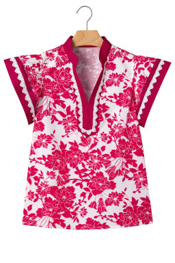 Red Floral Print Color Block Trim Lace Detail V Neck Flutter Sleeve Blouse