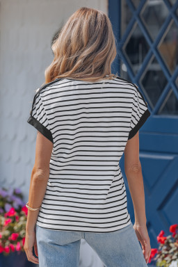 Black Stripe Cuffed Sleeve Button Detail Loose Tee
