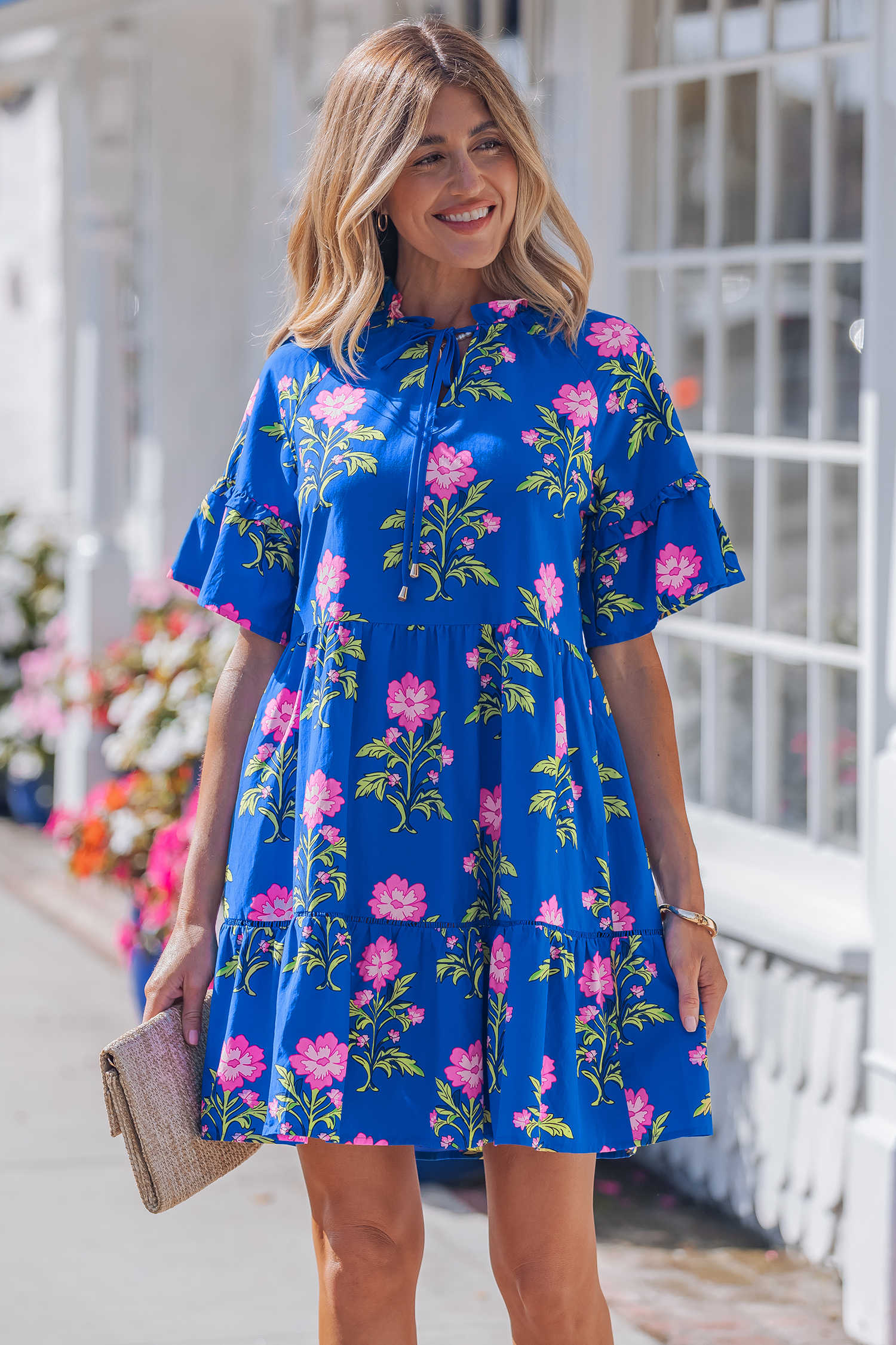 Blue V Neck Short Sleeve Loose Flower Dress