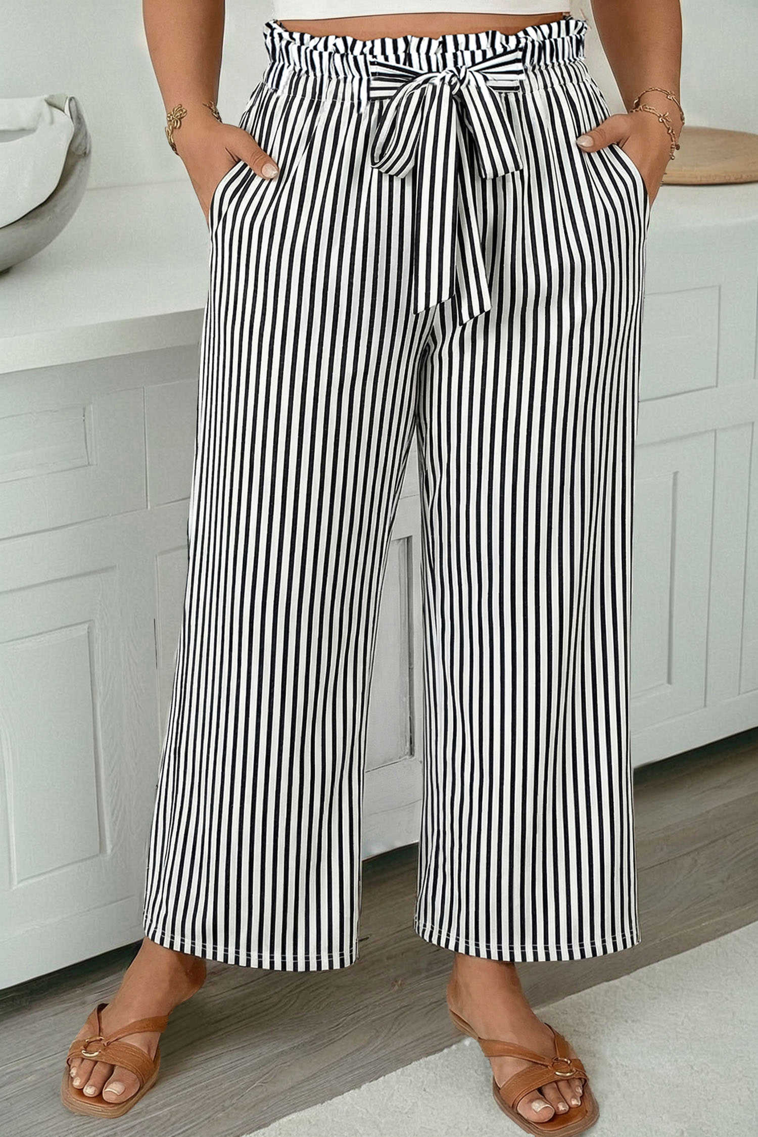 Black Stripe Plus Size Loose Straight Casual Pants