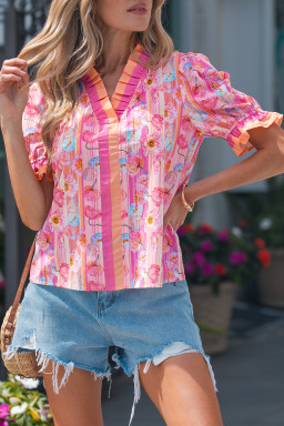 Pink Poppy Flower Striped Print Color Block Trim V Neck Short Sleeve Blouse