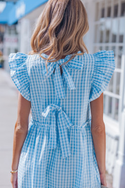 Sky Blue Knot Back Ruffled Short Sleeve Gingham Maxi Dress