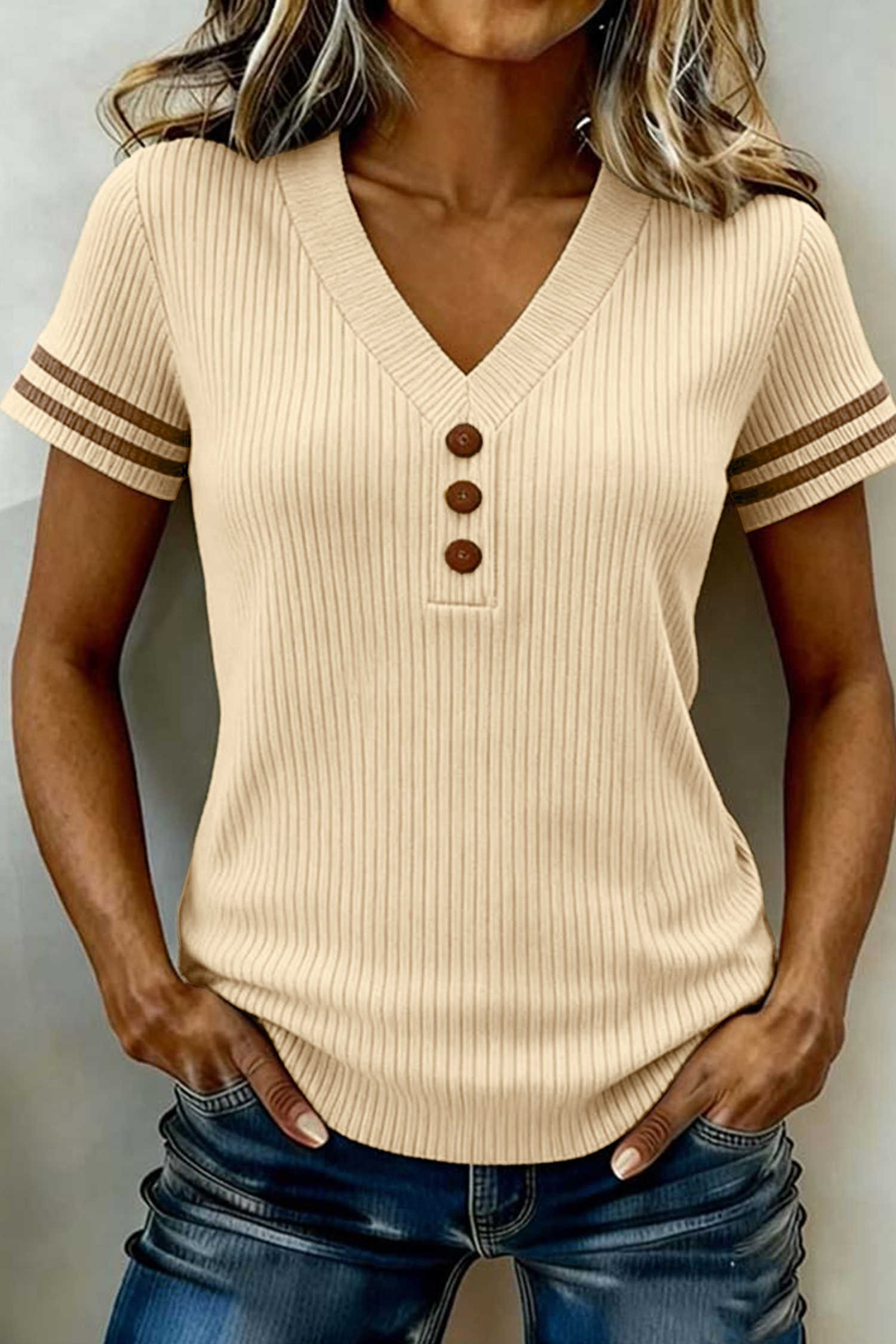 Apricot V Neck Ribbed Knit Striped Trim Short Sleeve Sweater