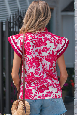 Red Floral Print Color Block Trim Lace Detail V Neck Flutter Sleeve Blouse