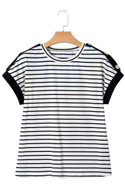 Black Stripe Cuffed Sleeve Button Detail Loose Tee