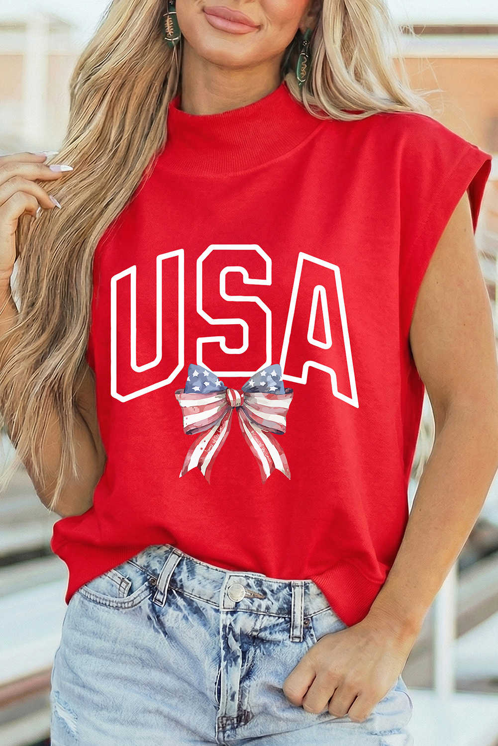 Racing Red USA Patriotic Bow Printed High Neck Cap Sleeve Top