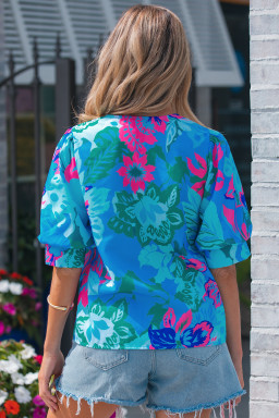 Sky Blue Floral Print V Neck Half Sleeve Blouse