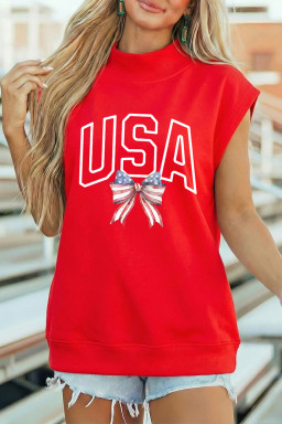 Racing Red USA Patriotic Bow Printed High Neck Cap Sleeve Top