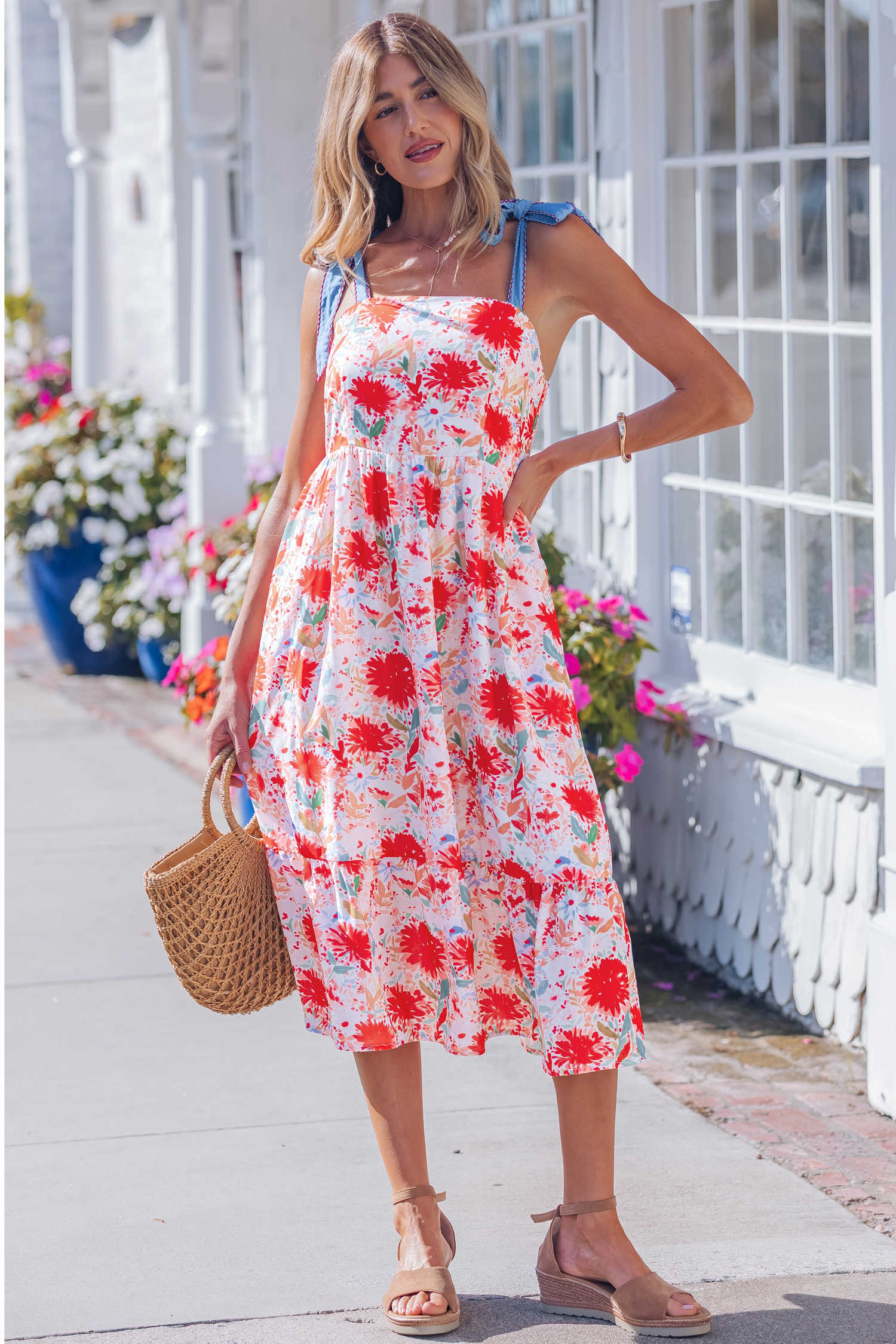 Red Floral Print Contrast Stitched Knot Denim Straps High Waist Dress