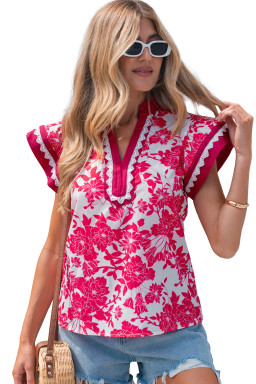 Red Floral Print Color Block Trim Lace Detail V Neck Flutter Sleeve Blouse