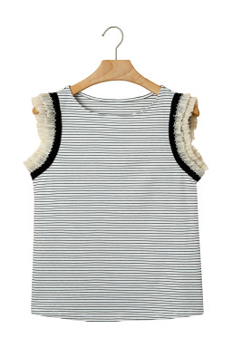 Black Stripe Contrasted Ruffle Trim Casual Tank Top