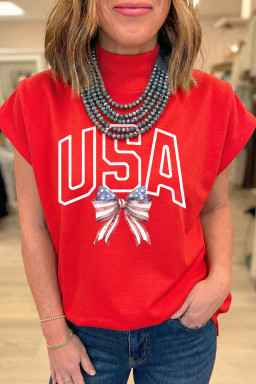 Racing Red USA Patriotic Bow Printed High Neck Cap Sleeve Top