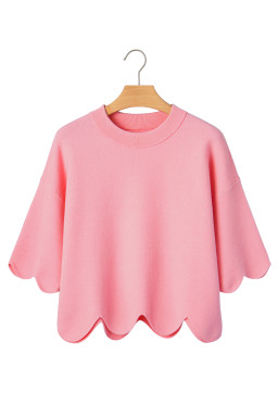 Pink Scalloped Hem 3/4 Sleeve Sweater Top