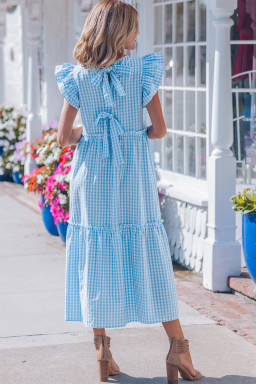 Sky Blue Knot Back Ruffled Short Sleeve Gingham Maxi Dress