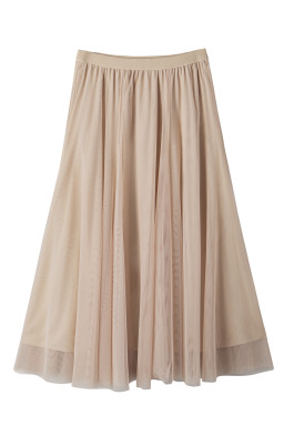 Apricot Tulle Mesh Overlay Flared Midi Skirt