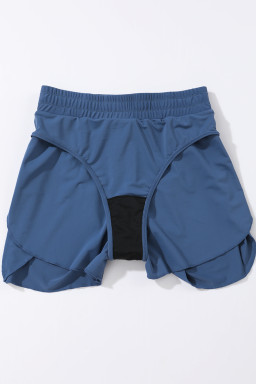 Blue Solid Color 2-in-1 Drawstring Elastic Waist Swim Shorts
