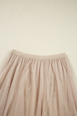 Apricot Tulle Mesh Overlay Flared Midi Skirt