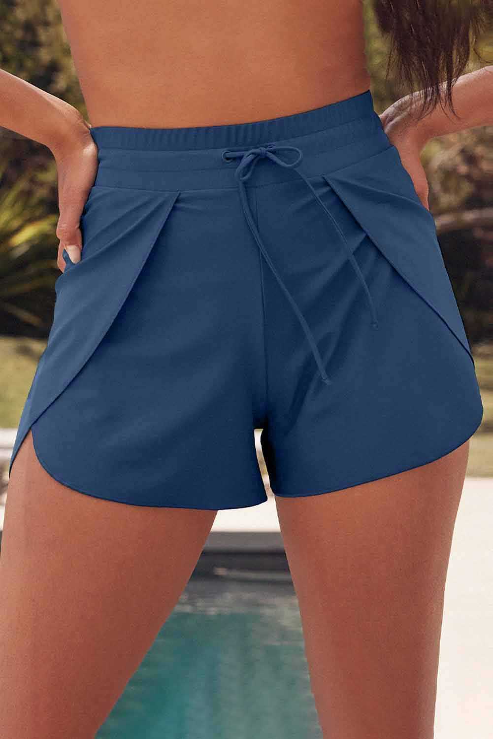 Blue Solid Color 2-in-1 Drawstring Elastic Waist Swim Shorts