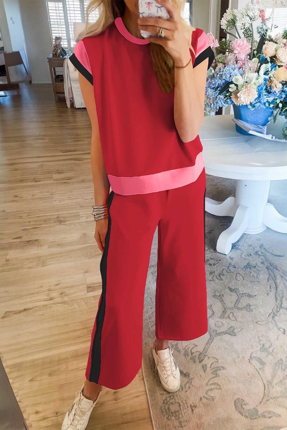Racing Red Color Block Detail Casual Two-piece Set