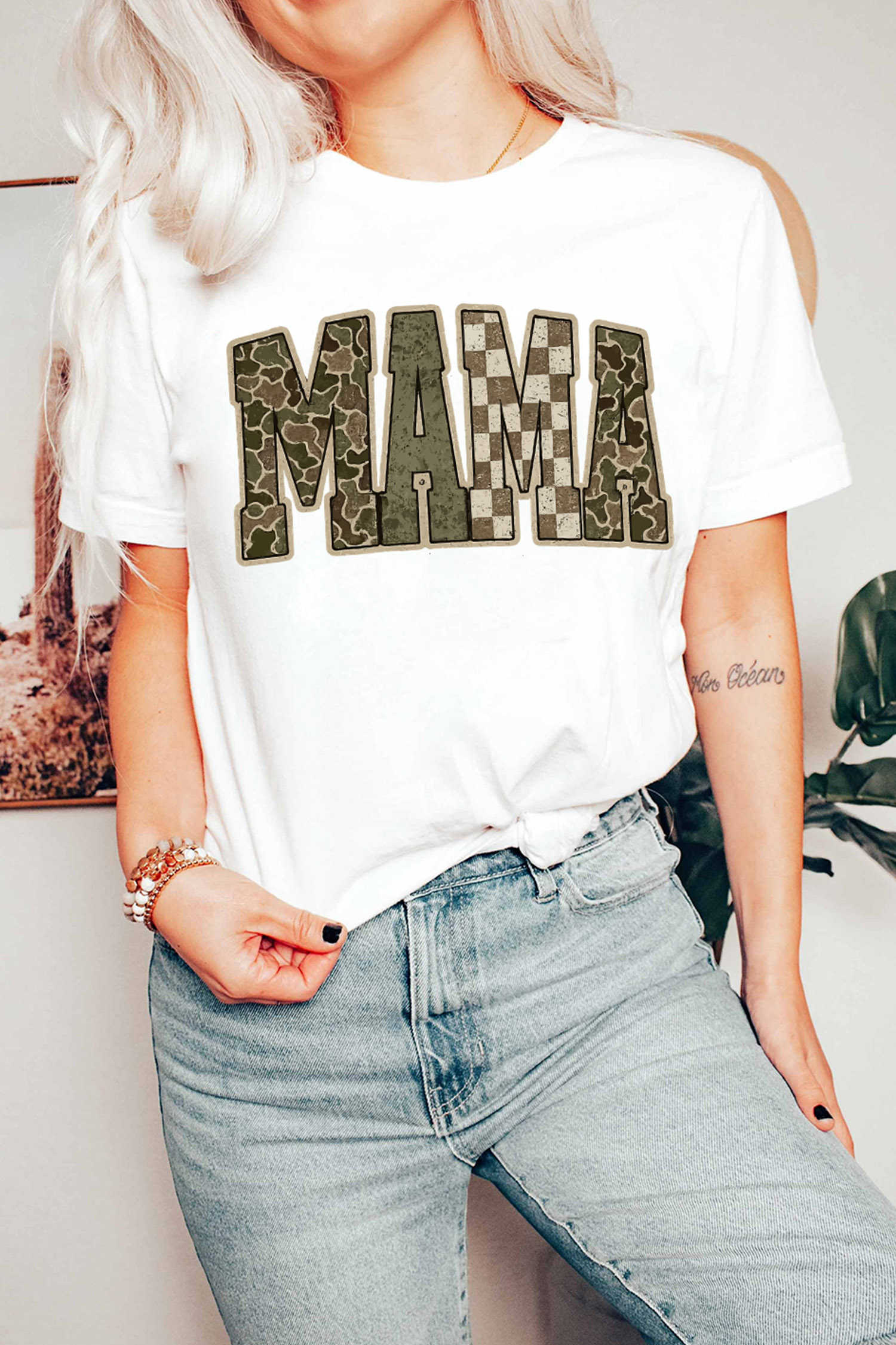 White MAMA Mixed Pattern Lettering T Shirt