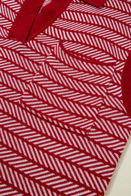 Red Stripe Contrast Trim Sleeveless Polo Collar Sweater