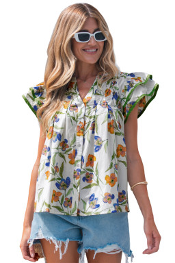 Green Floral Print Ruffle V-Neck Pressed Pleats Binding Tape Cotton Blouse