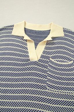 Navy Stripe Contrast Trim Sleeveless Polo Collar Sweater
