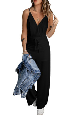 Black Solid Spaghetti Strap Wide Leg Drawstring High Waist Jumpsuit