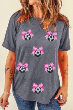 Gray Sequin Bow Soccer Ball Game Day T Shirt