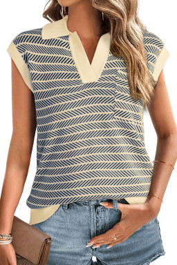 Navy Stripe Contrast Trim Sleeveless Polo Collar Sweater