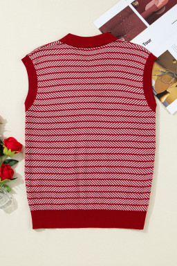 Red Stripe Contrast Trim Sleeveless Polo Collar Sweater