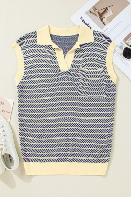 Navy Stripe Contrast Trim Sleeveless Polo Collar Sweater