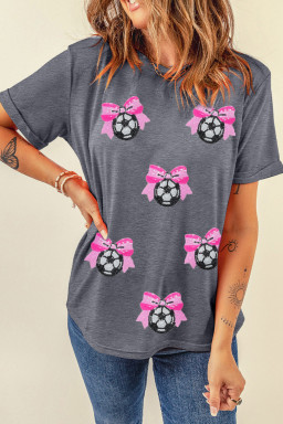 Gray Sequin Bow Soccer Ball Game Day T Shirt