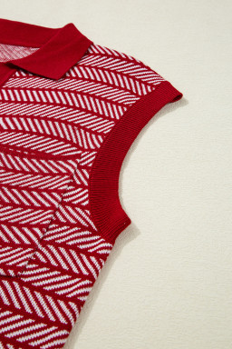 Red Stripe Contrast Trim Sleeveless Polo Collar Sweater