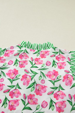 Multicolour Sweet Floral Print Striped Ruffle Trim V Neck Blouse