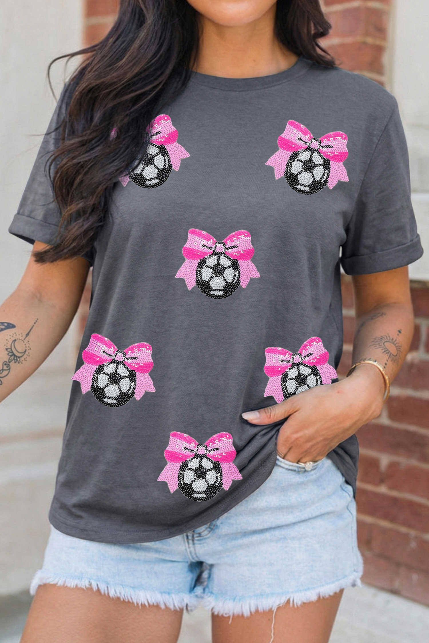 Gray Sequin Bow Soccer Ball Game Day T Shirt