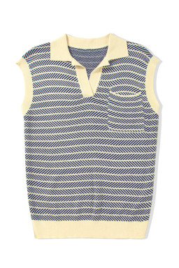 Navy Stripe Contrast Trim Sleeveless Polo Collar Sweater