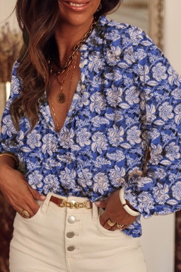 Sky Blue Floral Print Split Neck Pleated Puff Sleeve Blouse
