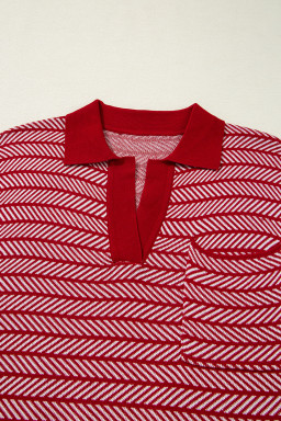 Red Stripe Contrast Trim Sleeveless Polo Collar Sweater